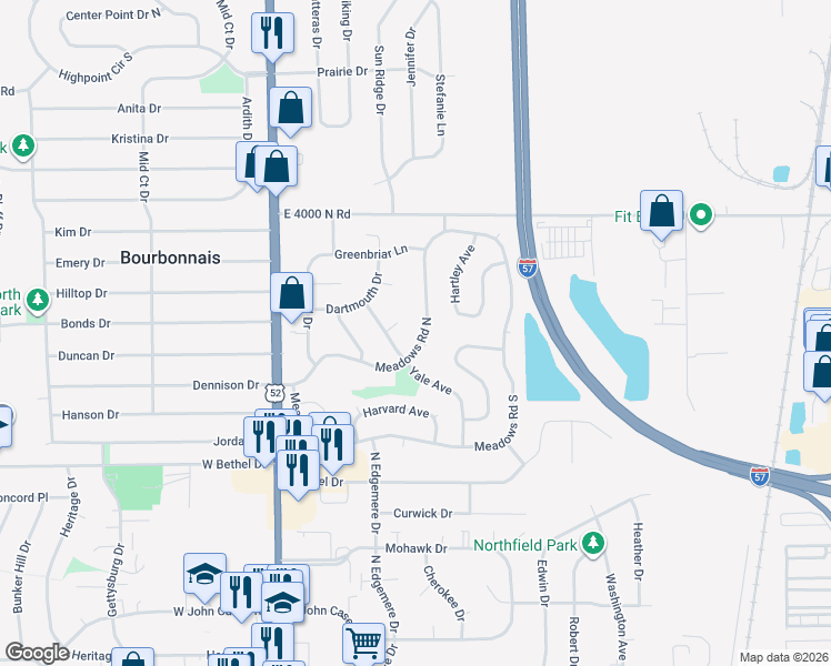 map of restaurants, bars, coffee shops, grocery stores, and more near 355 Meadows Road North in Bourbonnais