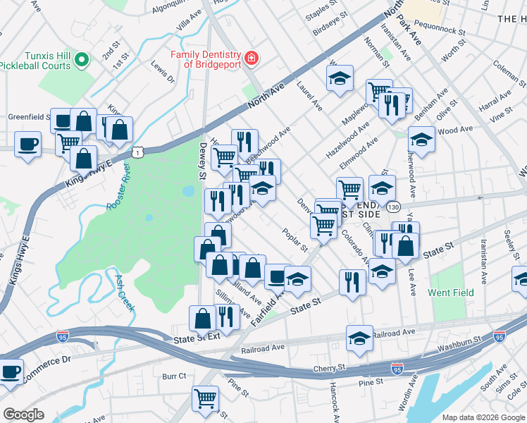 map of restaurants, bars, coffee shops, grocery stores, and more near 217 Poplar Street in Bridgeport