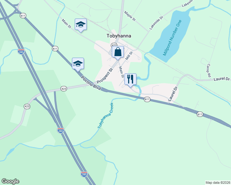 map of restaurants, bars, coffee shops, grocery stores, and more near 1255 Pocono Boulevard in Tobyhanna