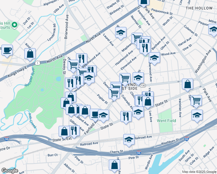 map of restaurants, bars, coffee shops, grocery stores, and more near 92 Denver Avenue in Bridgeport