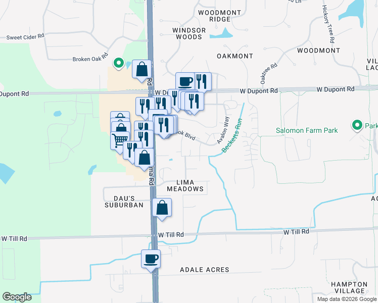 map of restaurants, bars, coffee shops, grocery stores, and more near 10230 Avalon Way in Fort Wayne