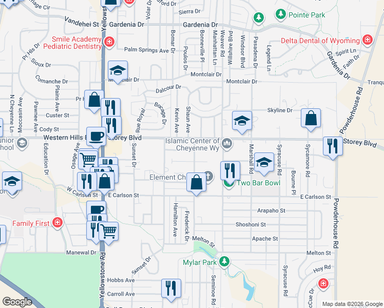 map of restaurants, bars, coffee shops, grocery stores, and more near 367 Arbor Lane in Cheyenne