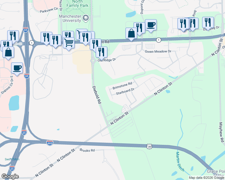 map of restaurants, bars, coffee shops, grocery stores, and more near 4414 Starboard Drive in Fort Wayne
