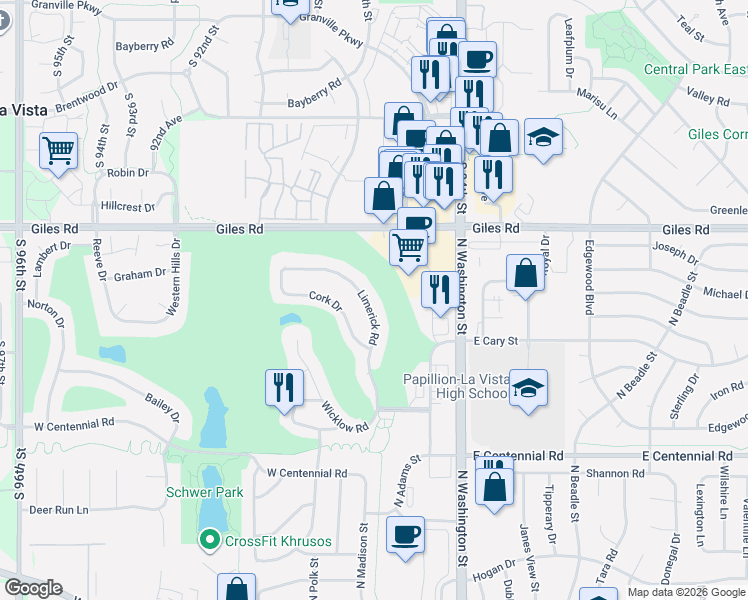 map of restaurants, bars, coffee shops, grocery stores, and more near 1213 Limerick Road in Papillion