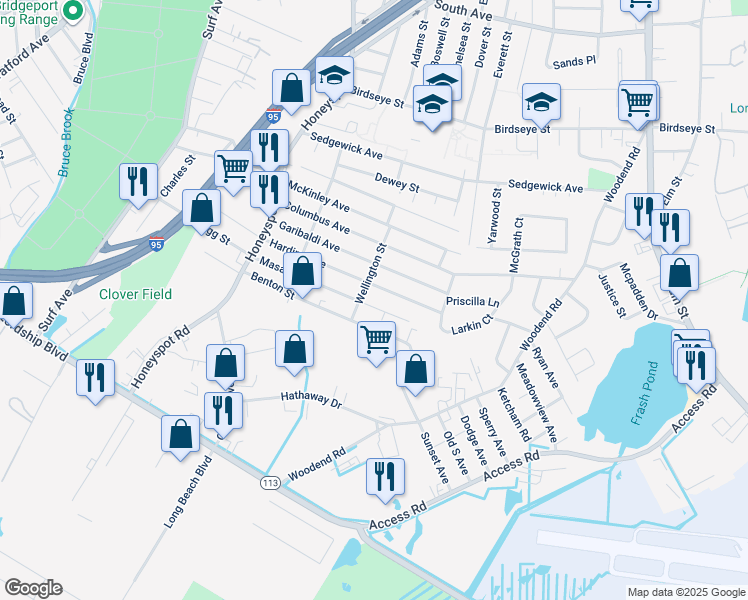 map of restaurants, bars, coffee shops, grocery stores, and more near 360 Masarik Avenue in Stratford