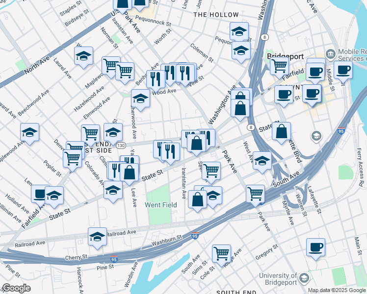 map of restaurants, bars, coffee shops, grocery stores, and more near 946 Iranistan Avenue in Bridgeport