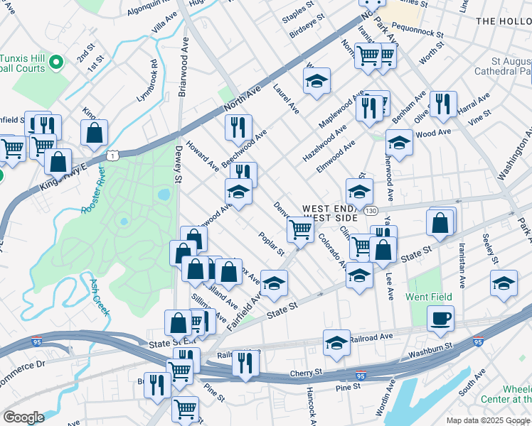 map of restaurants, bars, coffee shops, grocery stores, and more near 146 Poplar Street in Bridgeport