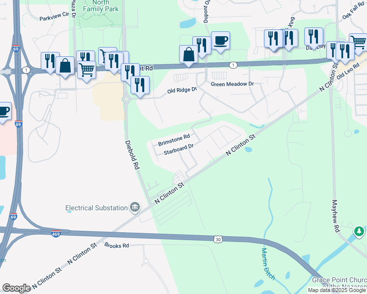 map of restaurants, bars, coffee shops, grocery stores, and more near 9600-9798 Buxton Drive in Fort Wayne