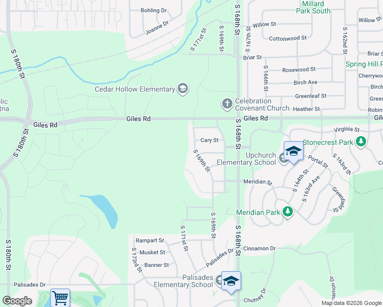 map of restaurants, bars, coffee shops, grocery stores, and more near 8428 South 169th Street in Omaha
