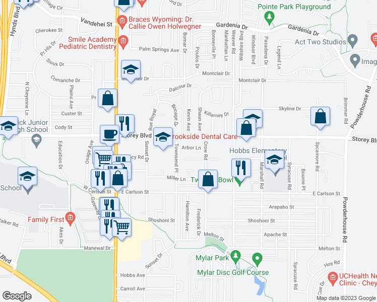 map of restaurants, bars, coffee shops, grocery stores, and more near 327 Arbor Lane in Cheyenne