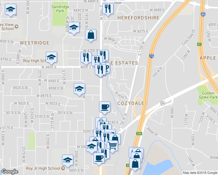 map of restaurants, bars, coffee shops, grocery stores, and more near 1873 West 5050 South in Roy