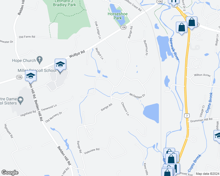 map of restaurants, bars, coffee shops, grocery stores, and more near 3 Bittersweet Trail in Wilton