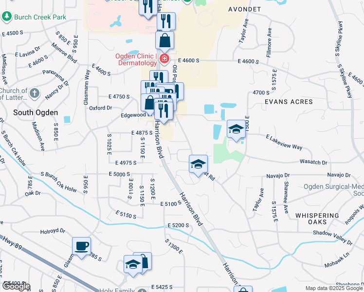 map of restaurants, bars, coffee shops, grocery stores, and more near 4935 Old Post Road in Ogden