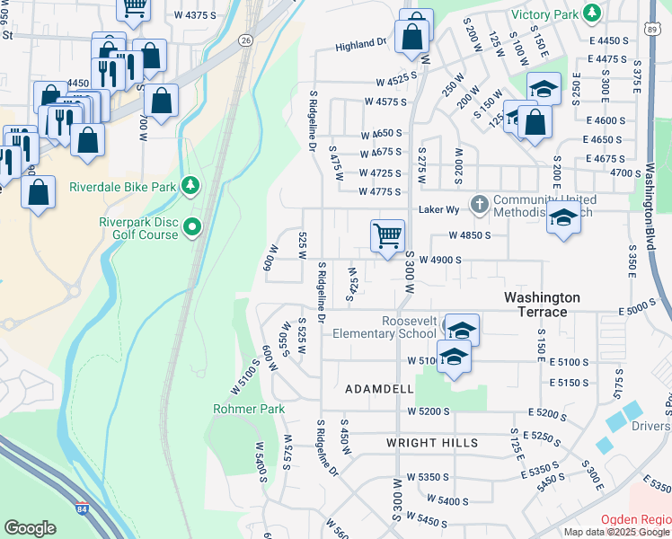 map of restaurants, bars, coffee shops, grocery stores, and more near 4954 South 475 West in Washington Terrace