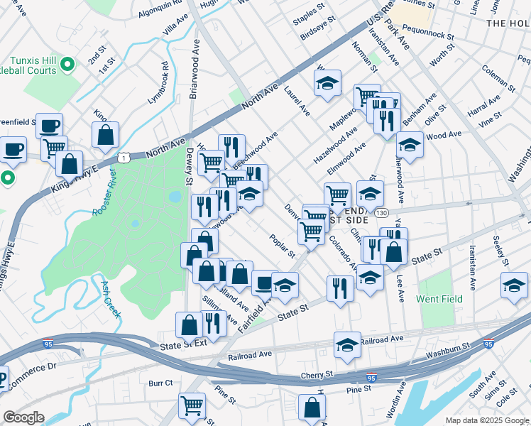 map of restaurants, bars, coffee shops, grocery stores, and more near 146 Poplar Street in Bridgeport