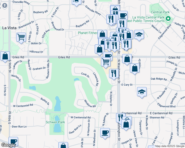 map of restaurants, bars, coffee shops, grocery stores, and more near 1211 Cork Drive in Papillion