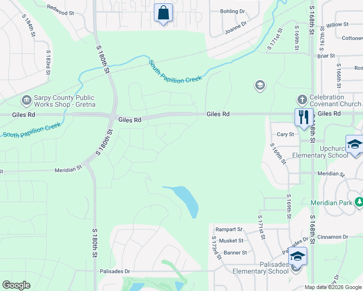 map of restaurants, bars, coffee shops, grocery stores, and more near 17393-17999 Giles Road in Omaha