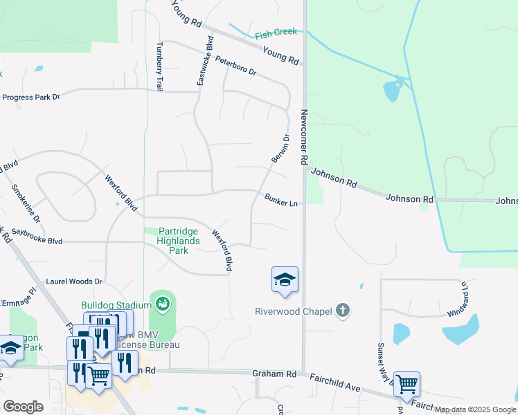 map of restaurants, bars, coffee shops, grocery stores, and more near 3033 Berkeley Place in Stow