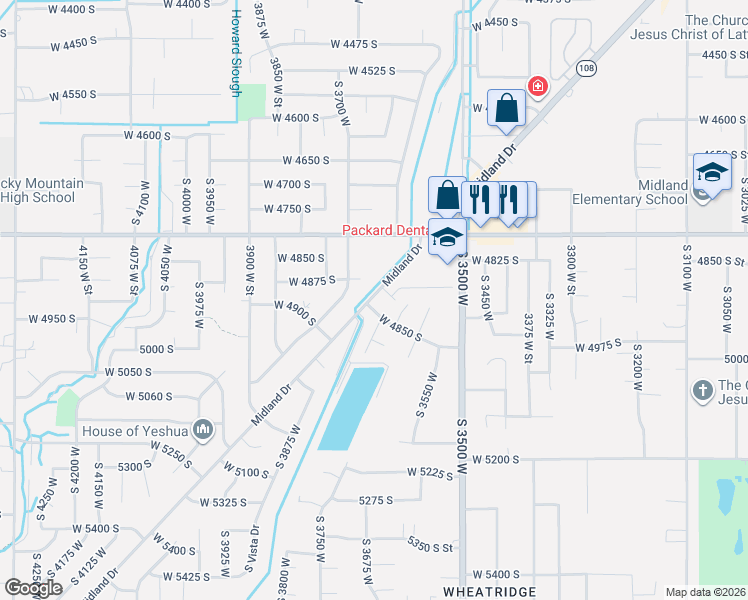map of restaurants, bars, coffee shops, grocery stores, and more near 4844 Midland Drive in Roy