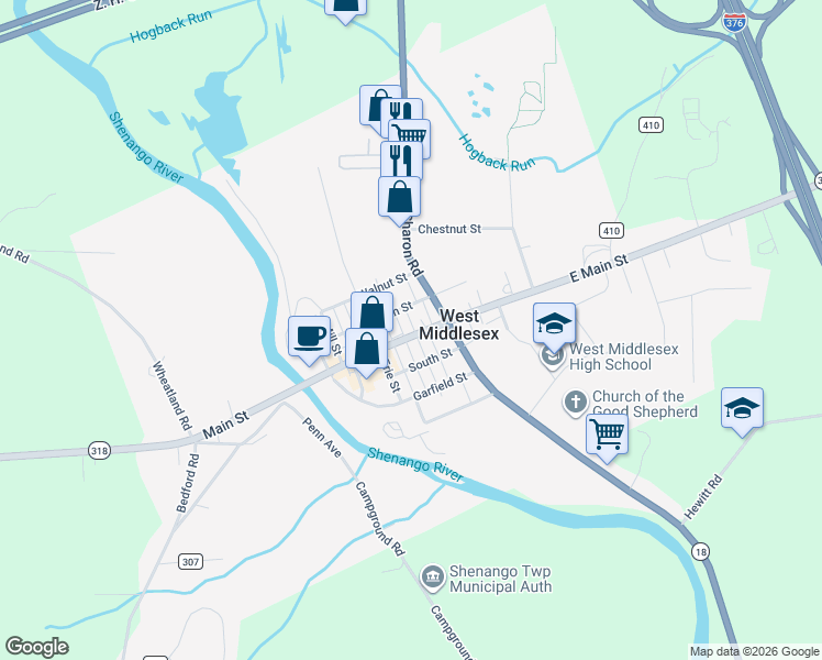 map of restaurants, bars, coffee shops, grocery stores, and more near 3143 Main Street in West Middlesex