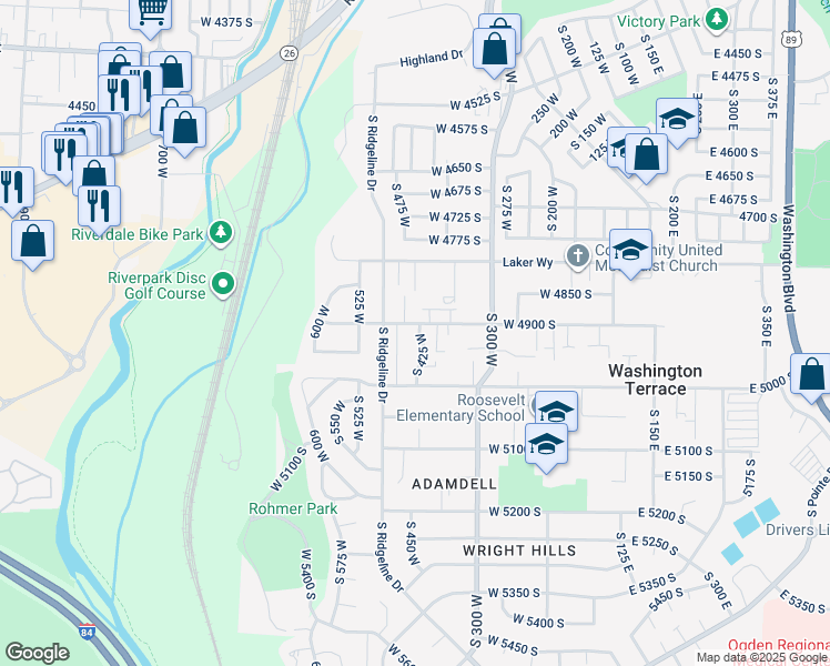 map of restaurants, bars, coffee shops, grocery stores, and more near 4919 South 425 West in Washington Terrace