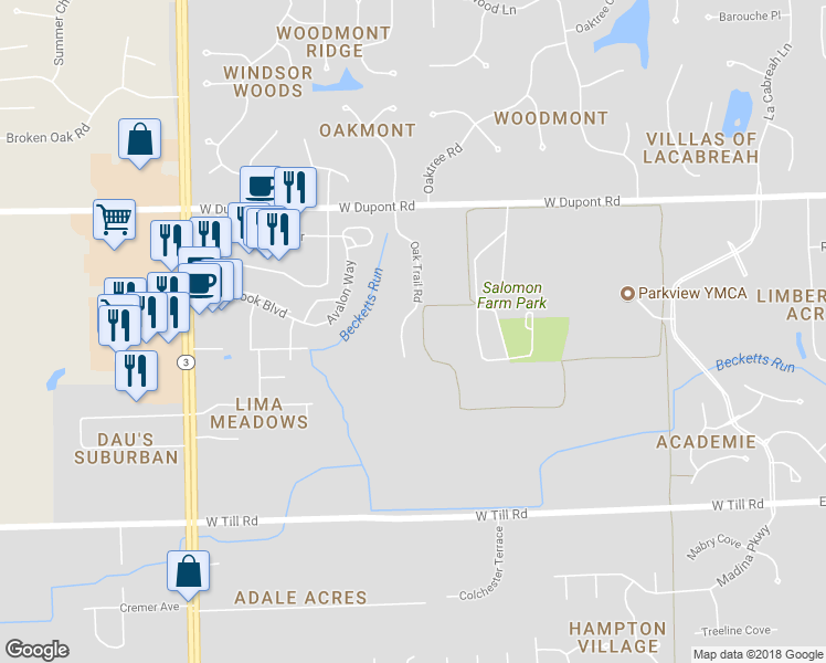 map of restaurants, bars, coffee shops, grocery stores, and more near 9922 Oak Trail Road in Fort Wayne