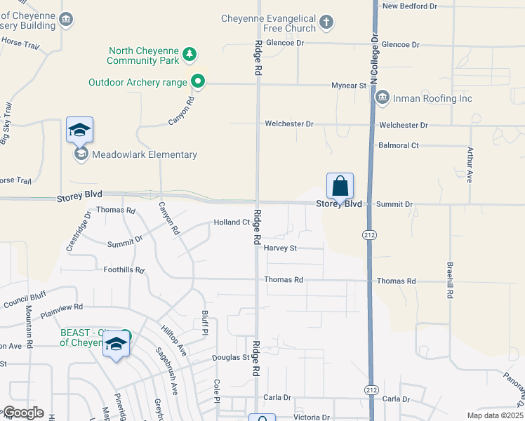 map of restaurants, bars, coffee shops, grocery stores, and more near 3523 Storey Boulevard in Cheyenne