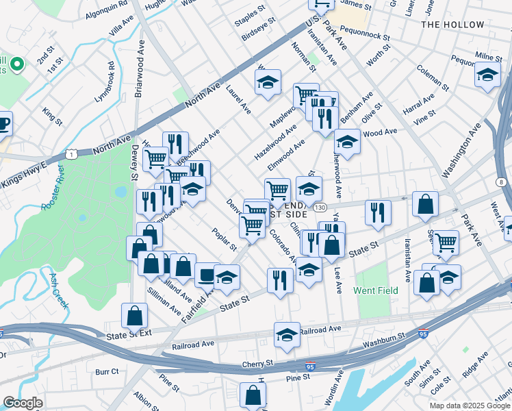 map of restaurants, bars, coffee shops, grocery stores, and more near 1390 Fairfield Avenue in Bridgeport