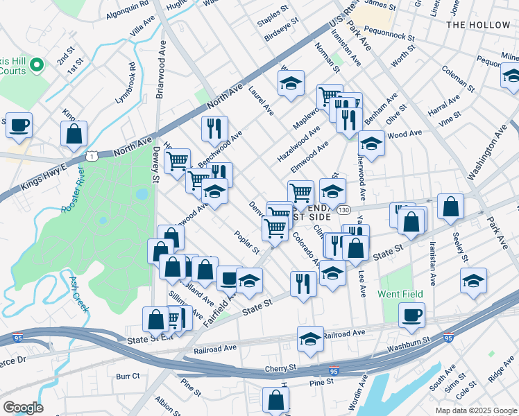 map of restaurants, bars, coffee shops, grocery stores, and more near 912-914 Howard Avenue in Bridgeport