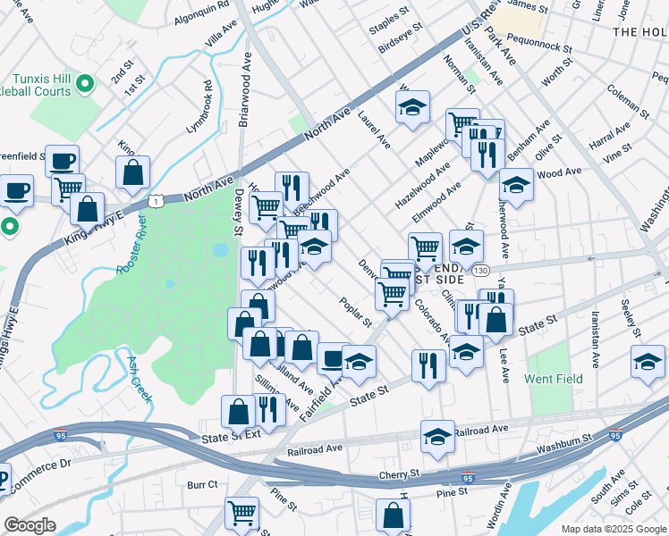 map of restaurants, bars, coffee shops, grocery stores, and more near 146 Poplar Street in Bridgeport