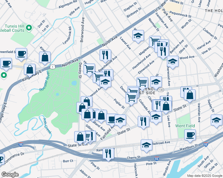 map of restaurants, bars, coffee shops, grocery stores, and more near 146 Poplar Street in Bridgeport