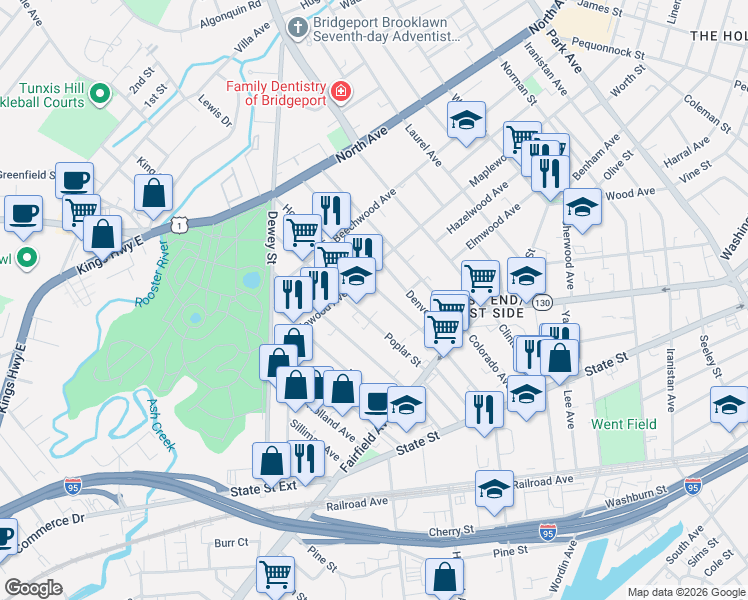 map of restaurants, bars, coffee shops, grocery stores, and more near 146 Poplar Street in Bridgeport