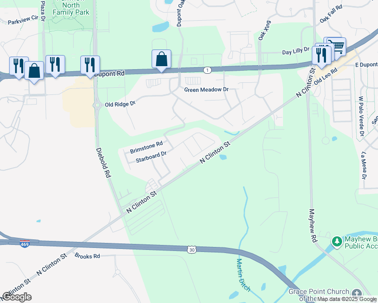 map of restaurants, bars, coffee shops, grocery stores, and more near 9701-9799 Bannock Drive in Fort Wayne