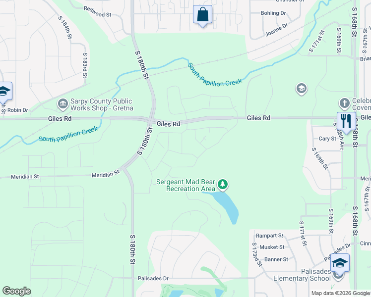 map of restaurants, bars, coffee shops, grocery stores, and more near 8503 S 180th St in Omaha