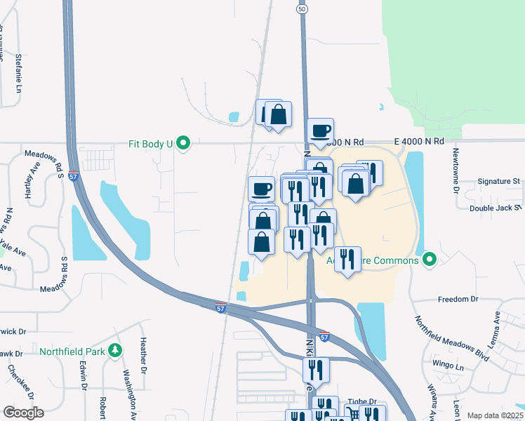 map of restaurants, bars, coffee shops, grocery stores, and more near 1615 North State Route 50 in Bourbonnais