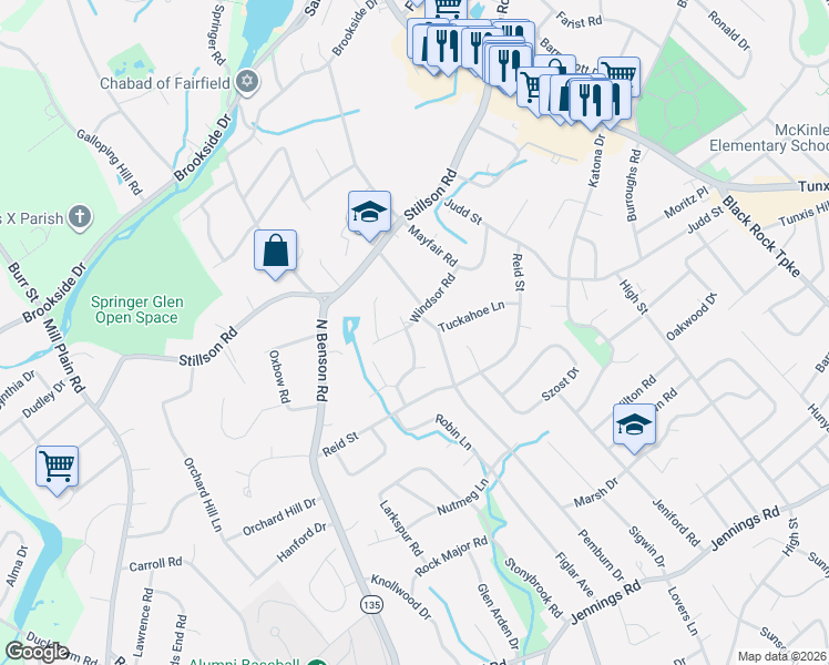 map of restaurants, bars, coffee shops, grocery stores, and more near 242 Tuckahoe Lane in Fairfield