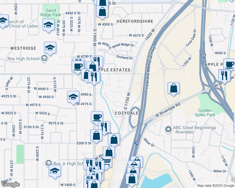 map of restaurants, bars, coffee shops, grocery stores, and more near 1789 West 5000 South in Roy