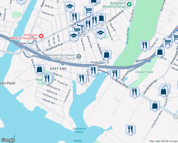 map of restaurants, bars, coffee shops, grocery stores, and more near 62 Carroll Avenue in Bridgeport