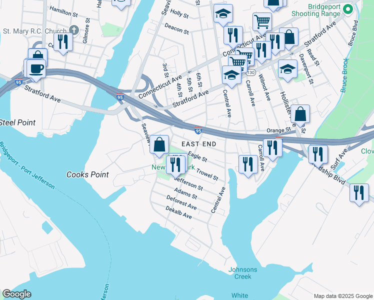 map of restaurants, bars, coffee shops, grocery stores, and more near 342 Newfield Avenue in Bridgeport