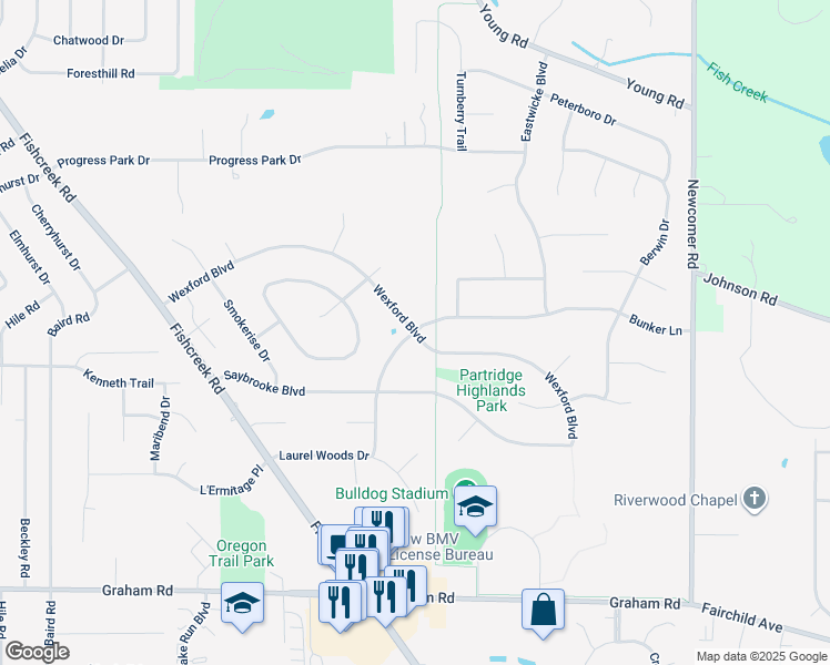 map of restaurants, bars, coffee shops, grocery stores, and more near 4301 Bunker Lane in Stow
