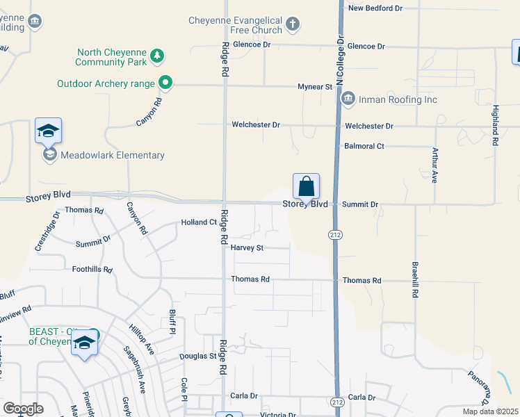 map of restaurants, bars, coffee shops, grocery stores, and more near 3507 Storey Boulevard in Cheyenne
