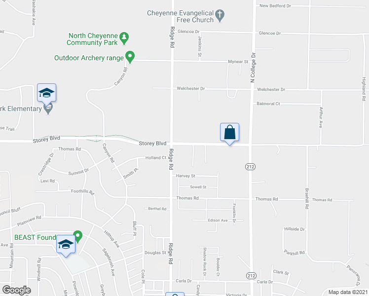map of restaurants, bars, coffee shops, grocery stores, and more near 3523 Storey Boulevard in Cheyenne