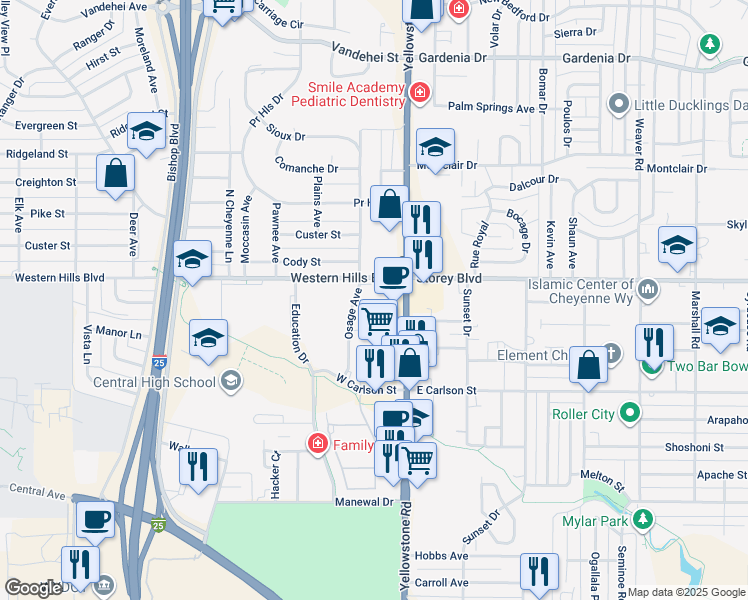 map of restaurants, bars, coffee shops, grocery stores, and more near 147 Brookfield Court in Cheyenne