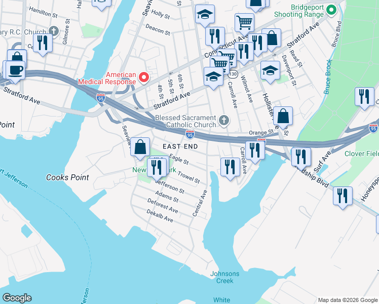 map of restaurants, bars, coffee shops, grocery stores, and more near 271 Eagle Street in Bridgeport