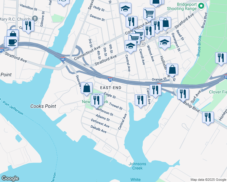 map of restaurants, bars, coffee shops, grocery stores, and more near 271 Eagle Street in Bridgeport