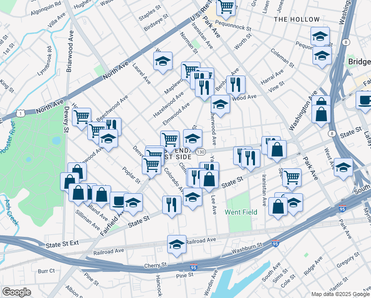 map of restaurants, bars, coffee shops, grocery stores, and more near 1181 Fairfield Avenue in Bridgeport