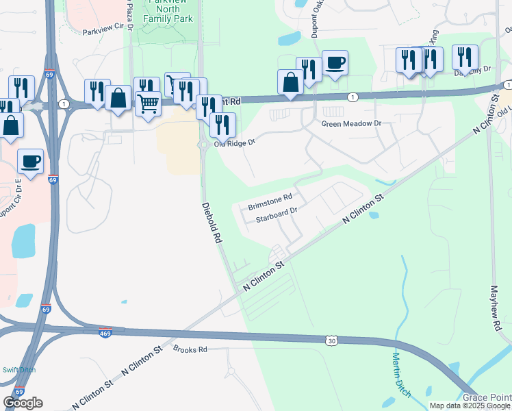 map of restaurants, bars, coffee shops, grocery stores, and more near 4414 Starboard Drive in Fort Wayne