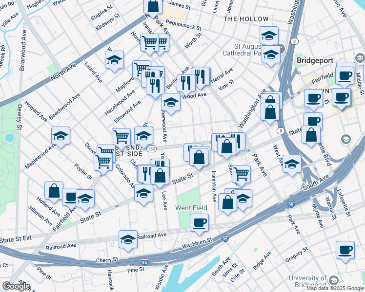 map of restaurants, bars, coffee shops, grocery stores, and more near 1015 Fairfield Avenue in Bridgeport