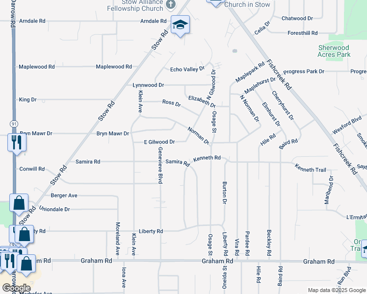 map of restaurants, bars, coffee shops, grocery stores, and more near 2293 Samira Road in Stow
