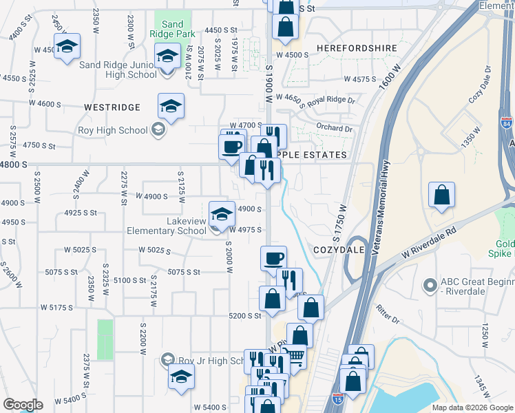 map of restaurants, bars, coffee shops, grocery stores, and more near in Roy